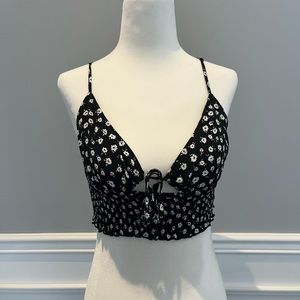 Garage crop tank top black with white flowers size small 55% viscose 45% rayon